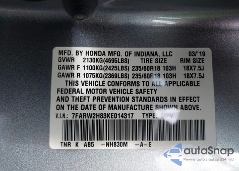 2019 Honda Crv z USA, uszkodzony, nr VIN 7FARW2H83KE014317